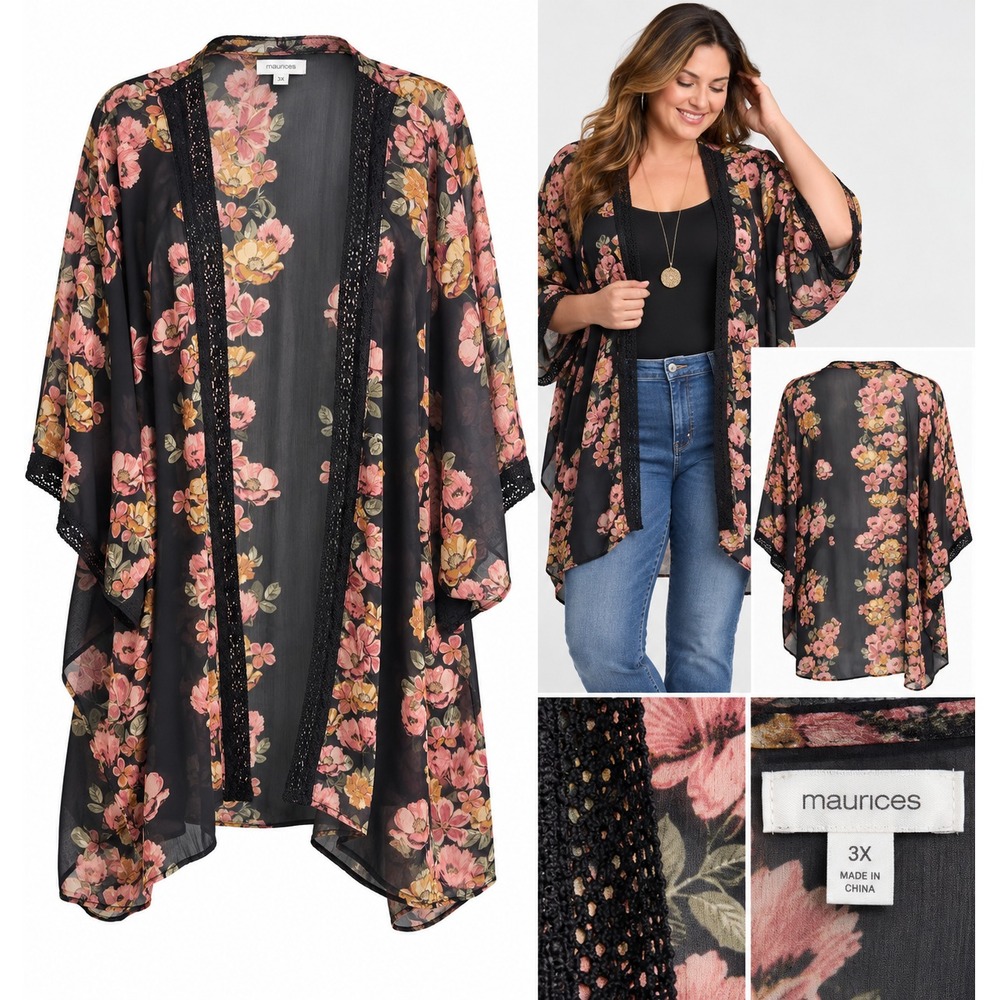 Maurices Kimono Women 3X Black Floral Lace Trim Open Front Chiffon Cardigan